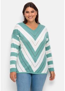 Große Größen Leichter Strickpullover mit Ajourmuster Gr. 48 grün/weiß von sheego für Damen