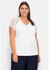 Große Größen Shirt mit Zipper am Ausschnitt und Ärmeln aus Spitze Gr. 46 weiß von sheego für Damen