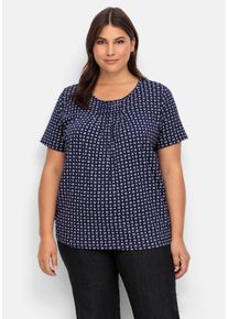 Große Größen Shirt mit Falten am Ausschnitt und Minimalprint Gr. 56 blau von sheego für Damen