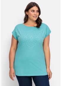 Große Größen Jerseyshirt mit Ziernieten, leicht verlängerte A-Form Gr. 46 blau von sheego für Damen