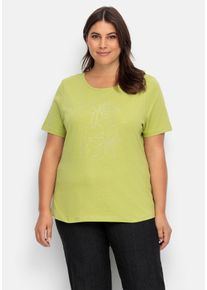 Große Größen Shirt mit Blumenmuster aus Ziersteinchen vorn Gr. 40 grün geblümt von sheego für Damen