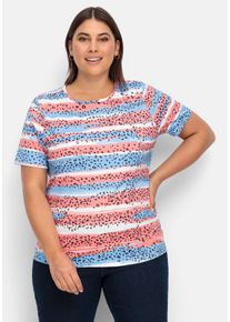 Große Größen Doppelpack Jerseyshirts, 1x uni, 1x gestreift Gr. 54 flamingo bedruckt / blau gestreift von sheego für Damen