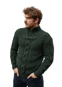 SAOL Aran Pullover für Herren Irish Fishermen Wolle Zip Neck Sweater Cardigan Made in Irland, Grün (Army Green), Mittel
