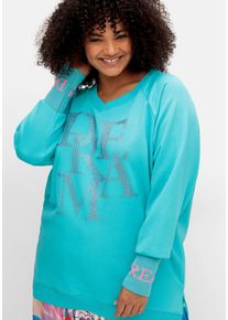 sheego loves miss goodlife Große Größen Sweatshirt mit Glitzer-Frontdruck und V-Ausschnitt Gr. 52 blau von sheego für Damen