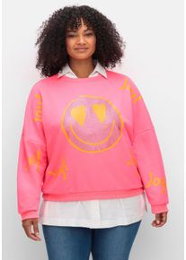 sheego loves miss goodlife Große Größen Sweatshirt mit Smiley-Frontdruck und Glitzersteinen Gr. 50 pink von sheego für Damen