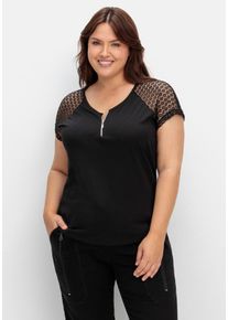 Große Größen Shirt mit Zipper am Ausschnitt und Ärmeln aus Spitze Gr. 54 schwarz von sheego für Damen