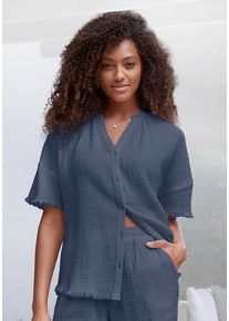 s.Oliver Pyjamaoberteil Dunkelblau Gr. 40 für Damen. Mit V-Ausschnitt. Bequem. Nachhaltig.