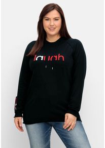 Große Größen Kapuzenpullover mit Wording im Intarsienstrick Gr. 52/54 schwarz von sheego für Damen