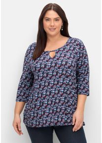 Große Größen 3/4-Arm-Shirt mit Cut-out am Ausschnitt Gr. 52/54 blau geblümt von sheego für Damen