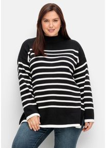 Große Größen Gestreifter Pullover in A-Linie, mit Seitenschlitzen Gr. 56/58 schwarz von sheego für Damen