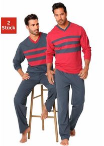 Le Jogger® Pyjama Schlafanzug für Herren (Packung, 4 tlg., 2 Stück) aus 100% Baumwolle, bunt|grau|rot