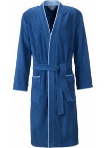 Egeria Herrenbademantel Nico, Langform, Walkfrottee, Kimono-Kragen, Gürtel, mit Kimono-Kragen, farblich abgesetzte Paspelierung, blau