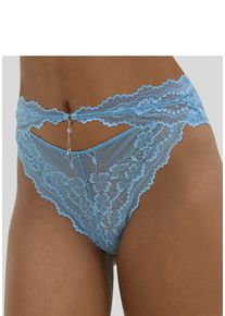 Lascana Tanga blau Gr. 32/34 für Damen. Mit Schmucksteine, Spitze, Glitzerdetails, Schmuckelement. Figurbetont