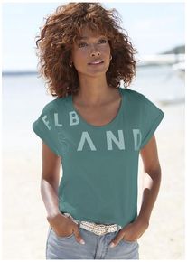 ELBSAND T-Shirt blau Gr. L (40) für Damen. Rundhals und Logodruck. Figurumspielend. Nachhaltig.