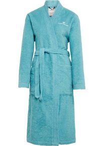 Tom Tailor Unisex-Bademantel Kimono, Langform, Baumwoll-Mischung, Kimono-Kragen, Gürtel, für Damen & Herren, mit Logostickerei, blau