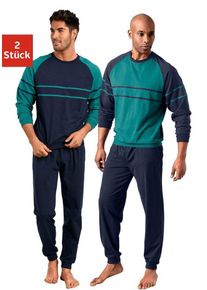 Le Jogger® Pyjama Schlafanzug für Herren im Doppelpack (Packung, 4 tlg., 2 Stück) in langer Form mit aufgesetzten Streifen, grün