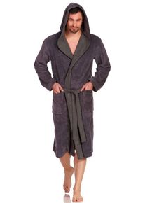 Vossen Unisex-Bademantel Poppy, Langform, Material-Mix, Kapuze, Gürtel, für Damen & Herren, mit farblich abgesetzter Kapuze, grau