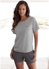 H.I.S. H.I.S Shorty grau Gr. 32/34 für Damen. Rundhals und Logostickerei, Allover-Druck. Loose Fit. Nachhaltig.