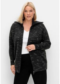 Große Größen Strickjacke mit Troyerkragen und Reißverschluss Gr. 52/54 grau/weiß von sheego für Damen