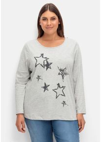Große Größen Meliertes Langarmshirt mit Sternen-Frontdruck Gr. 46 grau von sheego für Damen