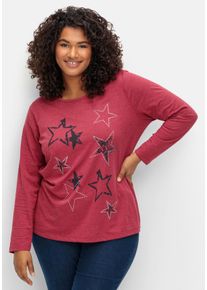 Große Größen Meliertes Langarmshirt mit Sternen-Frontdruck Gr. 42 rot von sheego für Damen