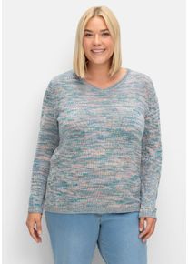 Große Größen Pullover in melierter Optik, mit V-Ausschnitt Gr. 56 blau von sheego für Damen