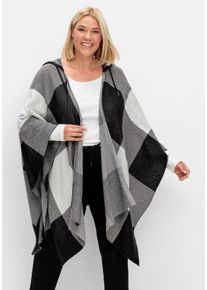 Große Größen Kariertes Poncho-Cape mit Kapuze, offene Form Gr. 1 schwarz von sheego für Damen