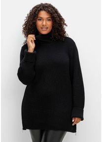Große Größen Pullover mit Rollkragen und karierten Einsätzen Gr. 52/54 schwarz von sheego für Damen