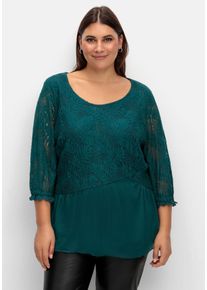 Große Größen Tunika mit Spitzenoberteil und Chiffonsaum Gr. 52 blau geblümt von sheego für Damen
