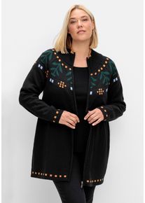 Große Größen Longstrickjacke mit Intarsienstrick und Stehkragen Gr. 52/54 schwarz von sheego für Damen