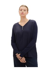 Tom Tailor Große Größen Langarmshirt mit Zipper am V-Ausschnitt Gr. 44 blau für Damen