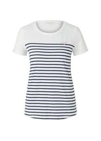 Tom Tailor DENIM Damen Gestreiftes T-Shirt mit kleiner Stickerei, blau, Streifenmuster, Gr. XL