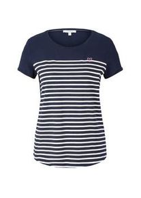 Tom Tailor DENIM Damen Gestreiftes T-Shirt mit kleiner Stickerei, blau, Streifenmuster, Gr. XL