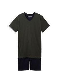 Tom Tailor Herren Pyjama Shorty, grün, Streifenmuster, Gr. 48