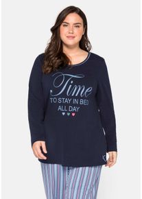 Große Größen Schlafanzugshirt mit Langarm und Statementdruck Gr. 48/50 blau von sheego für Damen