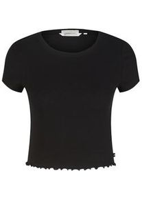 Tom Tailor DENIM Damen Cropped T-Shirt, schwarz, Uni, Gr. XL