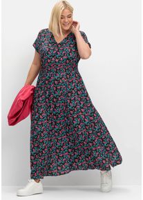 Große Größen Maxikleid mit Alloverdruck und gesmokter Taille Gr. 46 schwarz geblümt von sheego für Damen