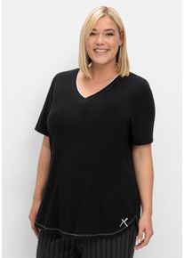 Große Größen Schlafshirt mit V-Ausschnitt und Kontrastdetails Gr. 60/62 schwarz von sheego für Damen