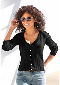 Lascana V-Ausschnitt-Pullover schwarz Gr. 36/38 für Damen. V-Ausschnitt und Zierknöpfe. Figurbetont. Nachhaltig.