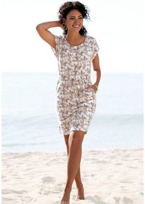 Beach Time Beachtime Jerseykleid mit Blumenmuster und Taschen, Sommerkleid aus Baumwoll-Mix, beige