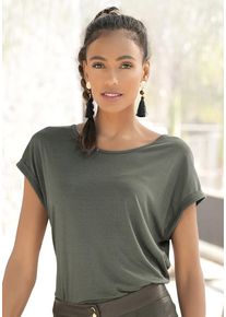 Lascana Kurzarmshirt beige Gr. 32/34 für Damen. Mit Rundhals. Figurumspielend. Nachhaltig.