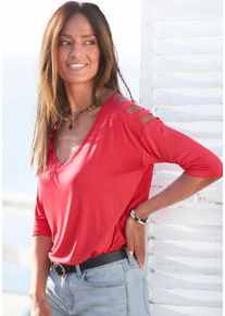 Lascana 3/4-Arm-Shirt korallrot Gr. 32/34 für Damen. Mit V-Ausschnitt. Figurumspielend. Nachhaltig.