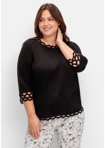 Große Größen Feinstrickpullover mit Zierborte und 3/4-Arm Gr. 52 schwarz von sheego für Damen