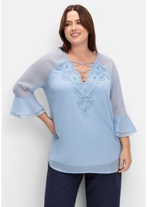 Große Größen Chiffontunika mit Spitze und Volantärmeln Gr. 40 blau von sheego für Damen