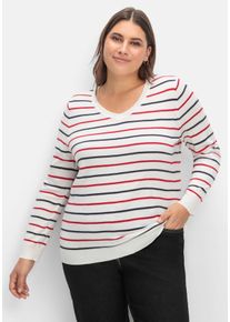 Große Größen Streifen-Pullover mit Ripp-Abschlüssen Gr. 52 weiß gestreift von sheego für Damen