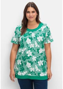 Große Größen Shirt in leichter A-Linie, mit Blumendruck und Streifen Gr. 40 grün geblümt von sheego für Damen
