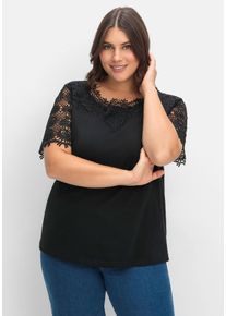 Große Größen Shirt mit transparentem Spitzenbesatz Gr. 56 schwarz von sheego für Damen