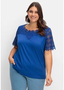 Große Größen Shirt mit transparentem Spitzenbesatz Gr. 44 blau von sheego für Damen