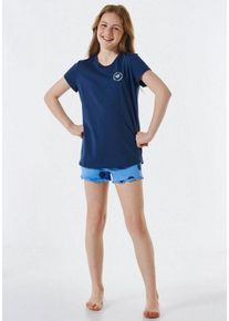 Schiesser Pyjama "Nightwear" (2 tlg) mit Herz-Print und gepunkteten Shorts, blau
