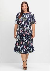 Große Größen Jerseykleid mit Blumendruck und Taillenband Gr. 46 blau geblümt von sheego für Damen